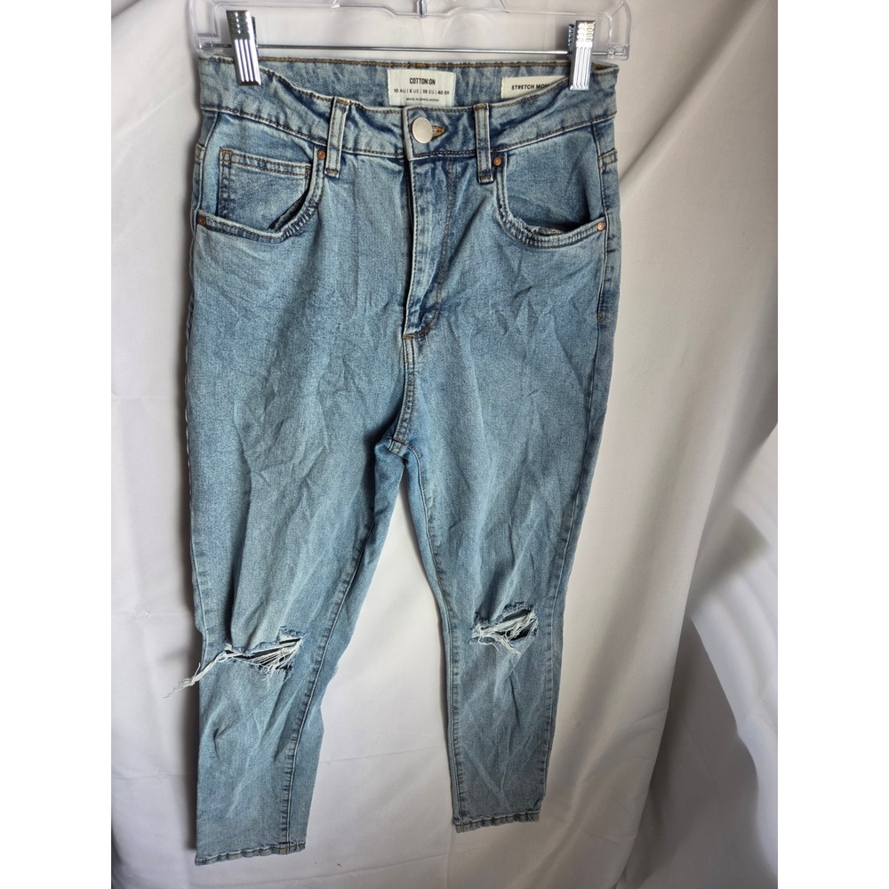 Cotton On Stretch Mom Jeans Light Wash Distressed High Rise